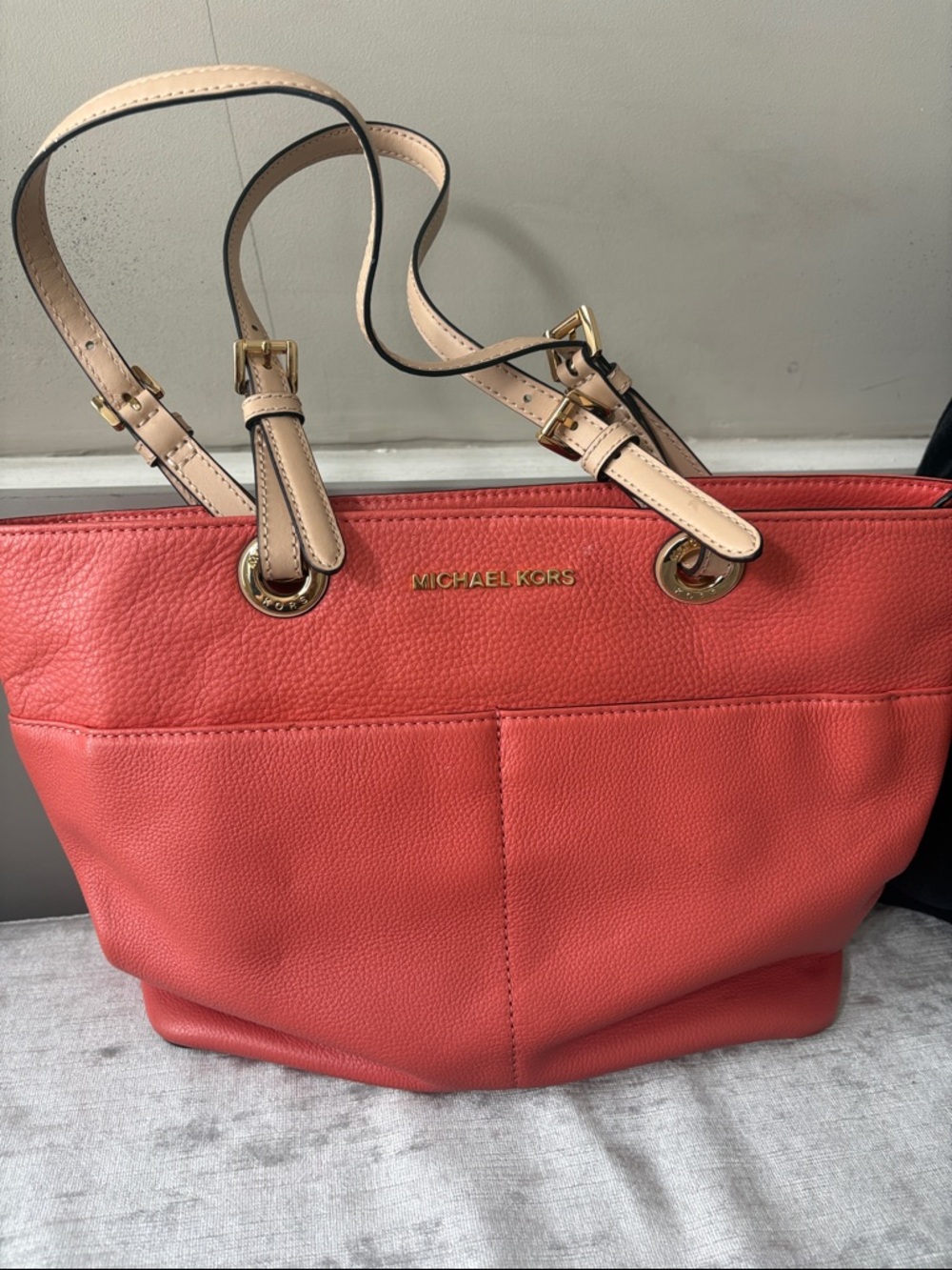 Michael Kors Coral Pebbled Leather Tote with Beige Straps